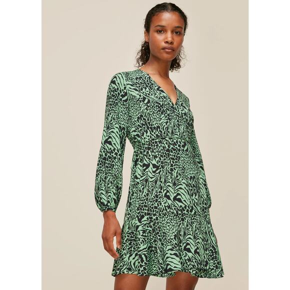 Whistles Zebra Print Long Sleeves V-neckline Wrap Mini Dress Green Black Size 8 - Picture 1 of 7